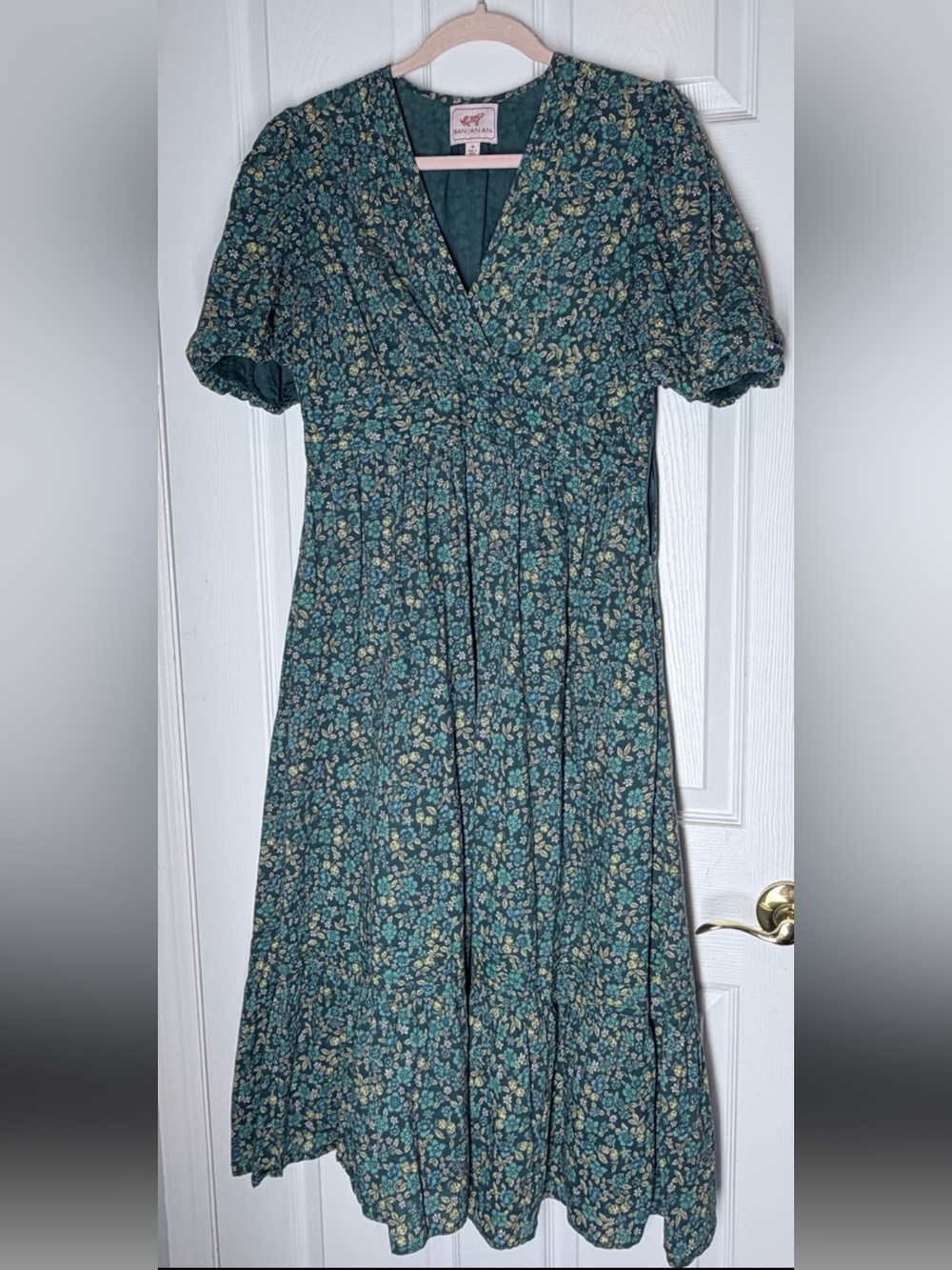 Banjanan Cotton Floral Split V-Neck Midi Dress Green Teal Puff Sleeve Size M